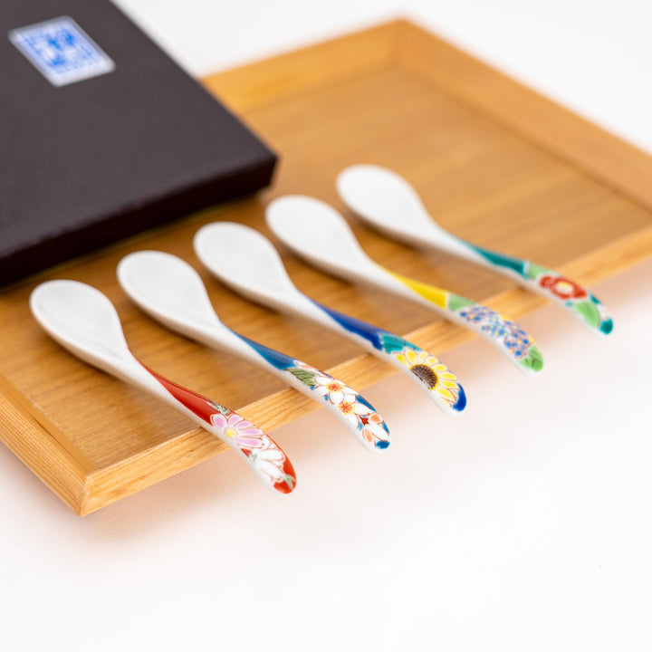 Kutani Yaki Hand-painted Flower Tea Spoon Set of 5