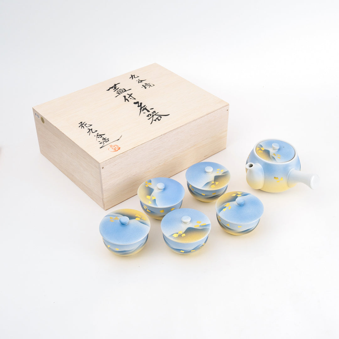Japanese Kyusu teapot gift set gold blue mountain handpaint