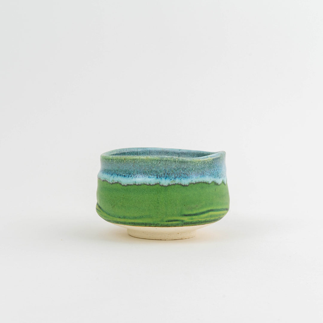 Handmade Japanese matcha bowl with green and greenish-blue glaze, ceramic chawan for tea ceremony