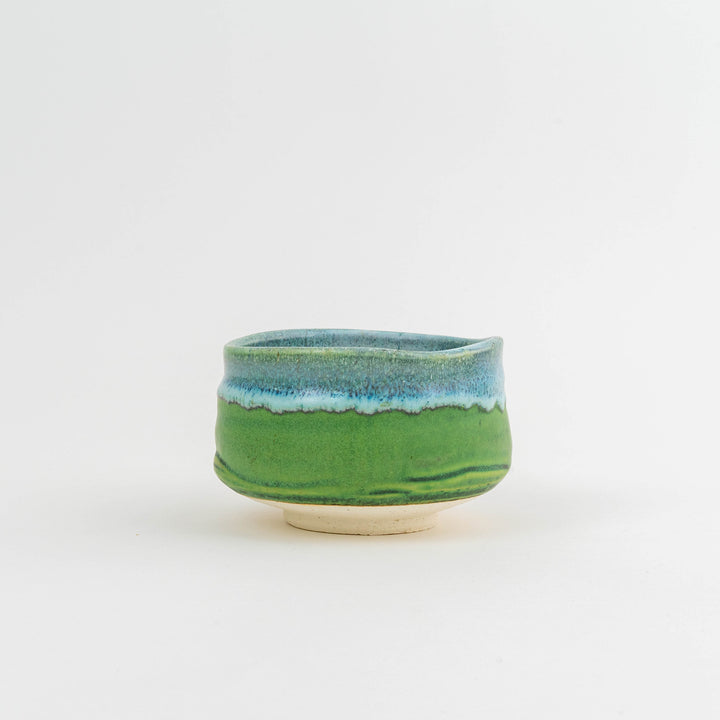Handmade Japanese matcha bowl with green and greenish-blue glaze, ceramic chawan for tea ceremony