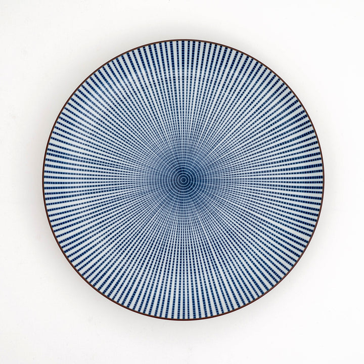 Japanese Tokusa 10 inch dinner plate with blue radiating stripe pattern on white Mino Ware porcelain