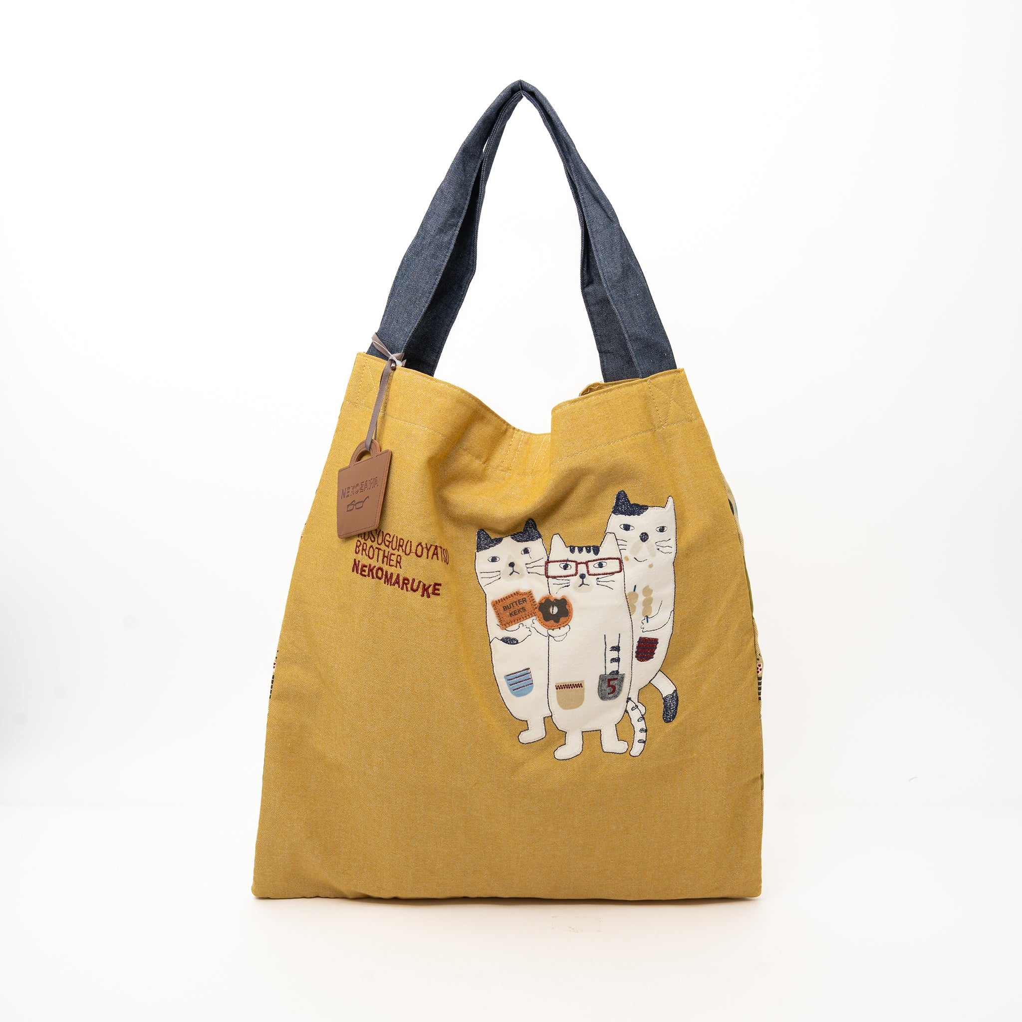 Kusuguru Japan large yellow canvas tote bag with embroidered cat character design