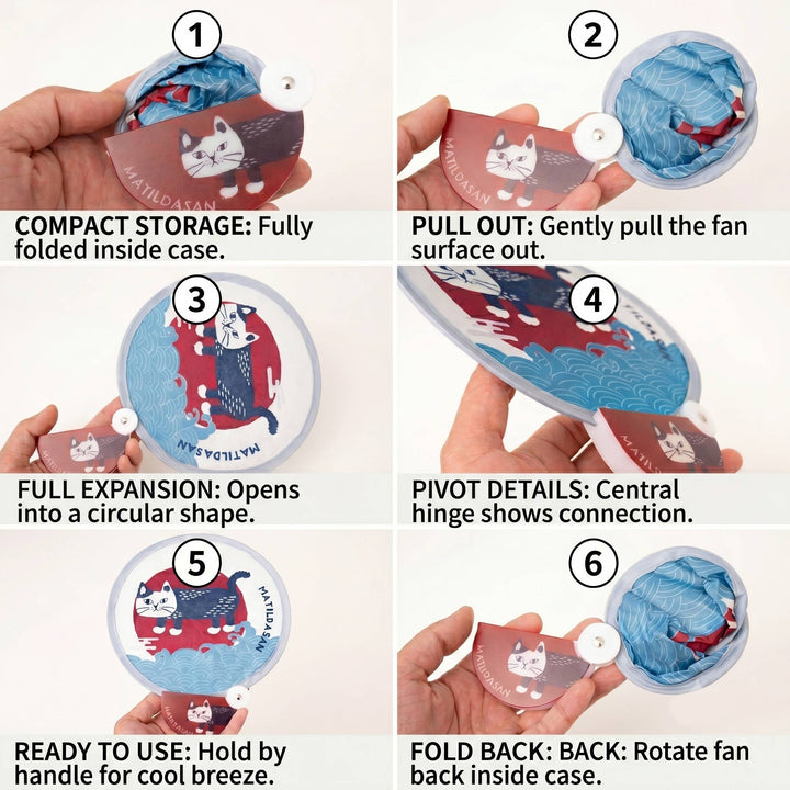 Kusuguru Japan Foldable Cat Hand Fan - Portable Round Fan