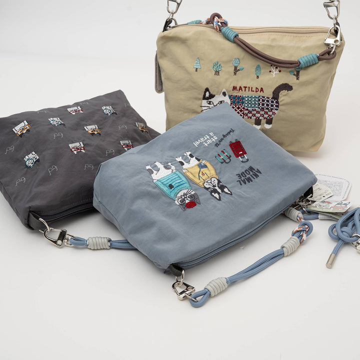 Kusuguru Japan Embroidered Cat Multi-Use Crossbody Bag