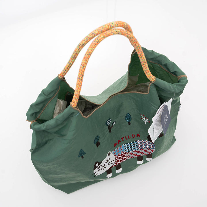 Kusuguru Embroidered Cat Nylon Shoulder Tote bag - Green