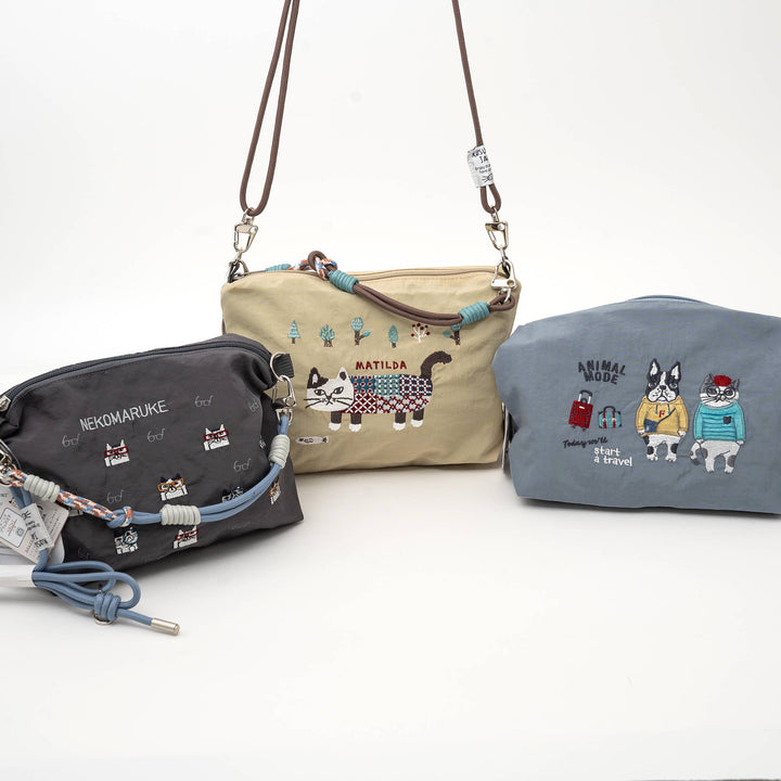 Kusuguru Japan Embroidered Cat Multi-Use Crossbody Bag