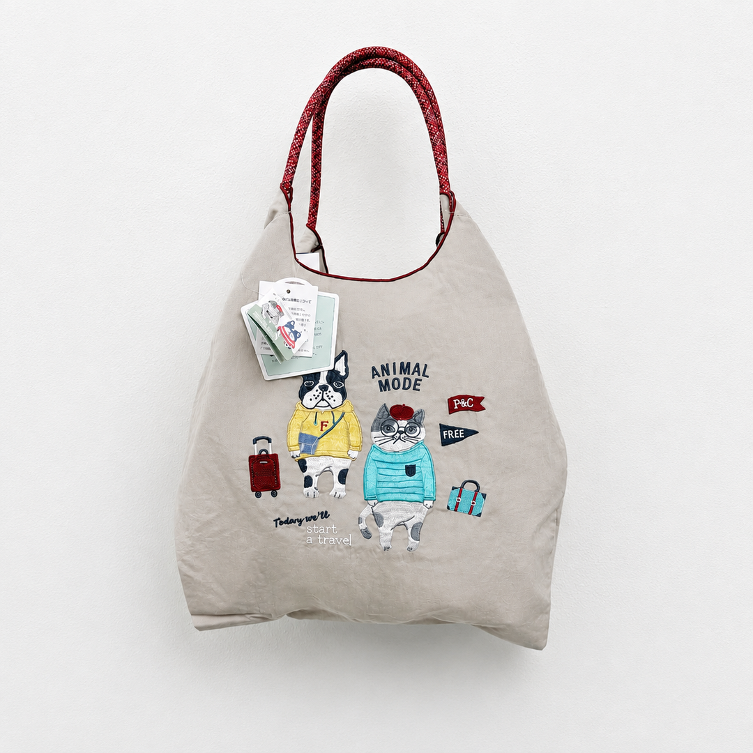 Kusuguru Embroidered Cat Nylon Shoulder Tote bag -Gray