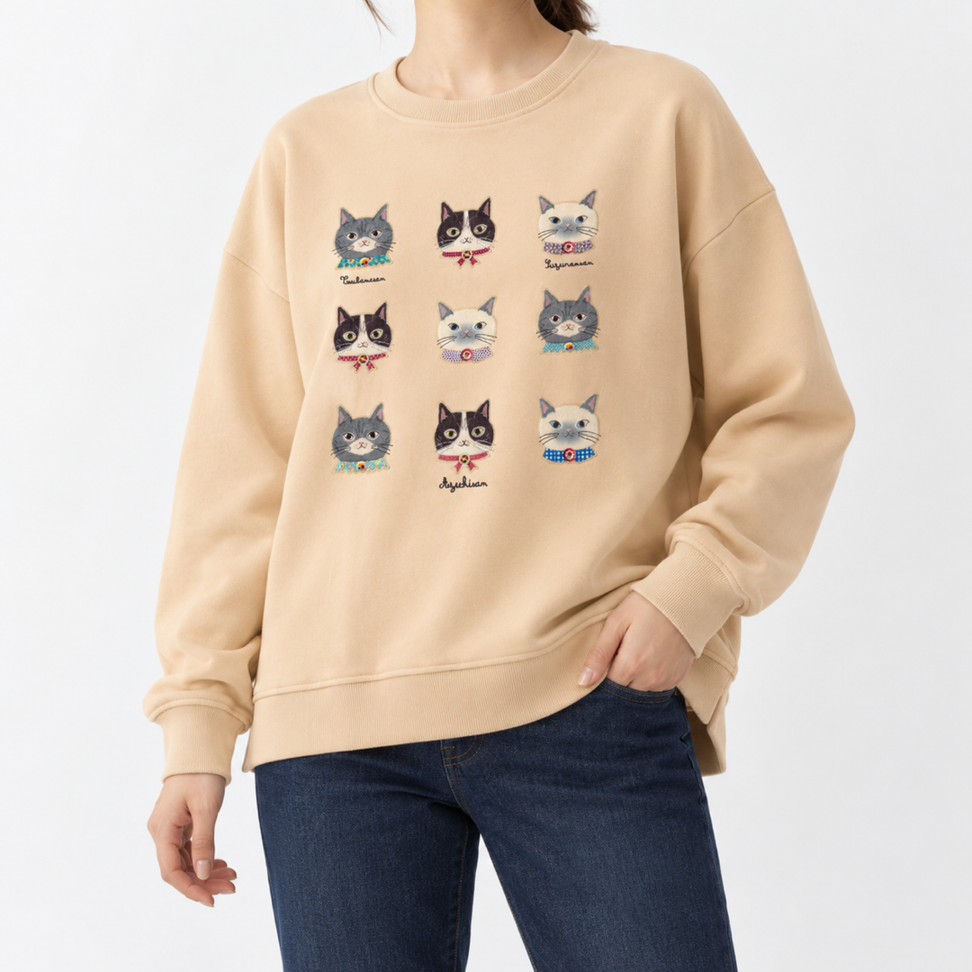 KUSUGURU JAPAN Cat Embroidered Sweatshirt – Honey Oat image 2