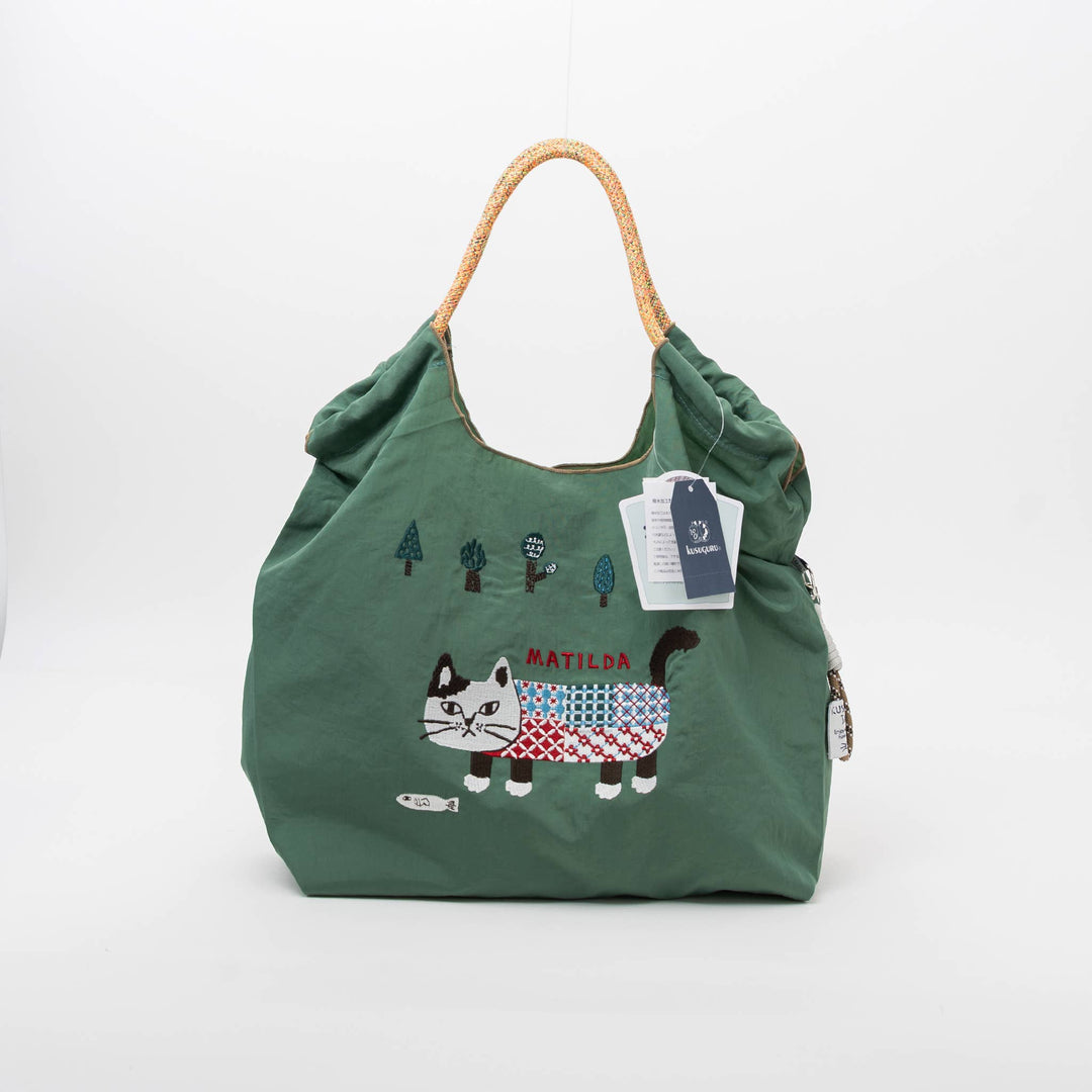 Kusuguru Embroidered Cat Nylon Shoulder Tote bag - Green