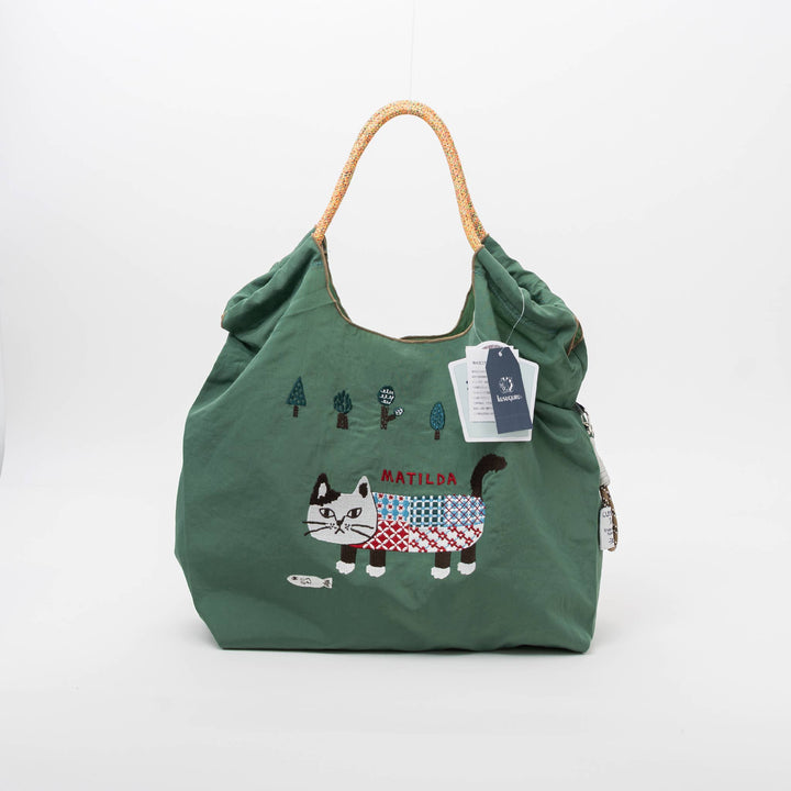 Kusuguru Embroidered Cat Nylon Shoulder Tote bag - Green