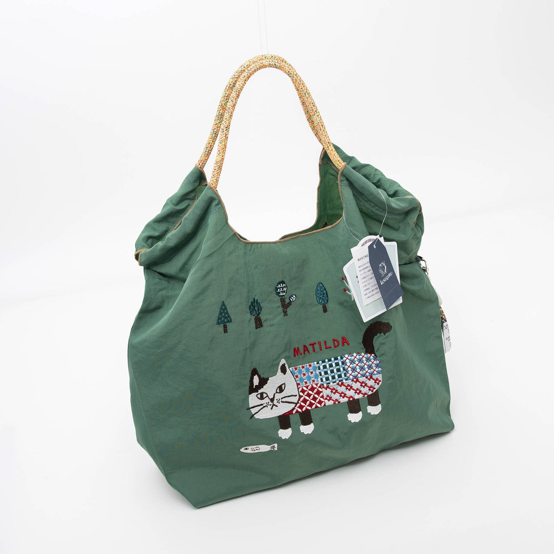Kusuguru Embroidered Cat Nylon Shoulder Tote bag - Green