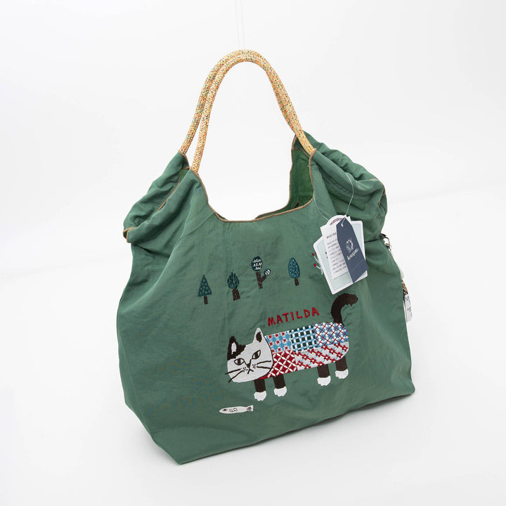 Kusuguru Embroidered Cat Nylon Shoulder Tote bag - Green