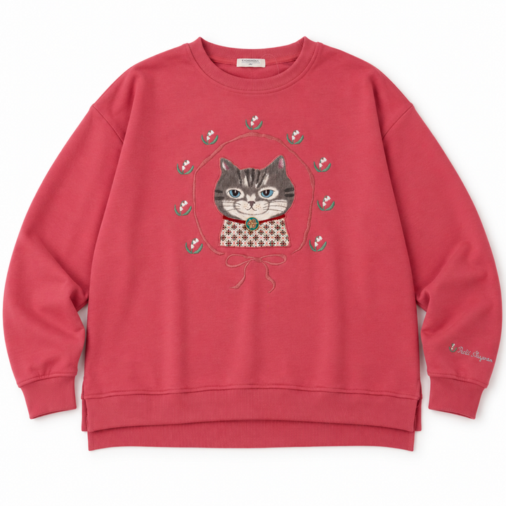 KUSUGURU JAPAN Cat Embroidered Sweatshirt – Cranberry main image