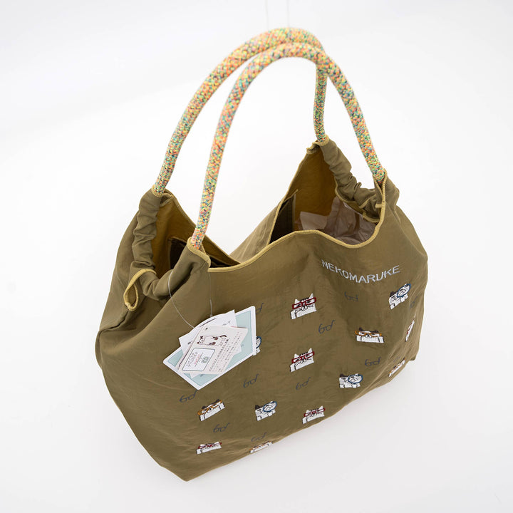 Kusuguru Japan Embroidered Cat Nylon Shoulder Tote Bag – Olive Green