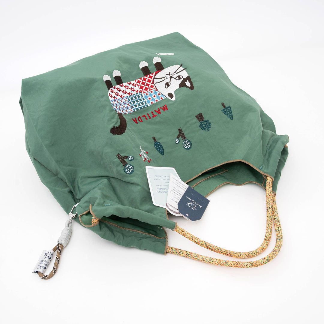 Kusuguru Embroidered Cat Nylon Shoulder Tote bag - Green