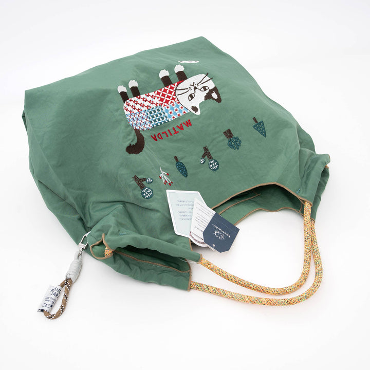 Kusuguru Embroidered Cat Nylon Shoulder Tote bag - Green
