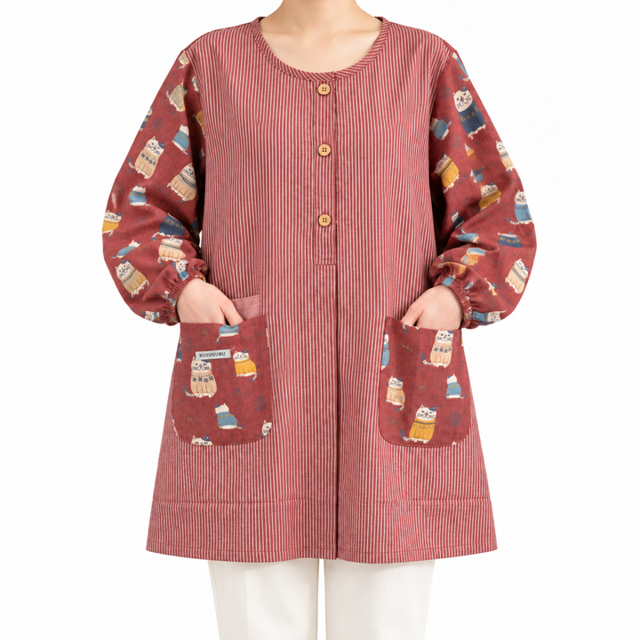 Kusuguru Japan Cat Print Long Sleeve Cotton Apron Smock image 5