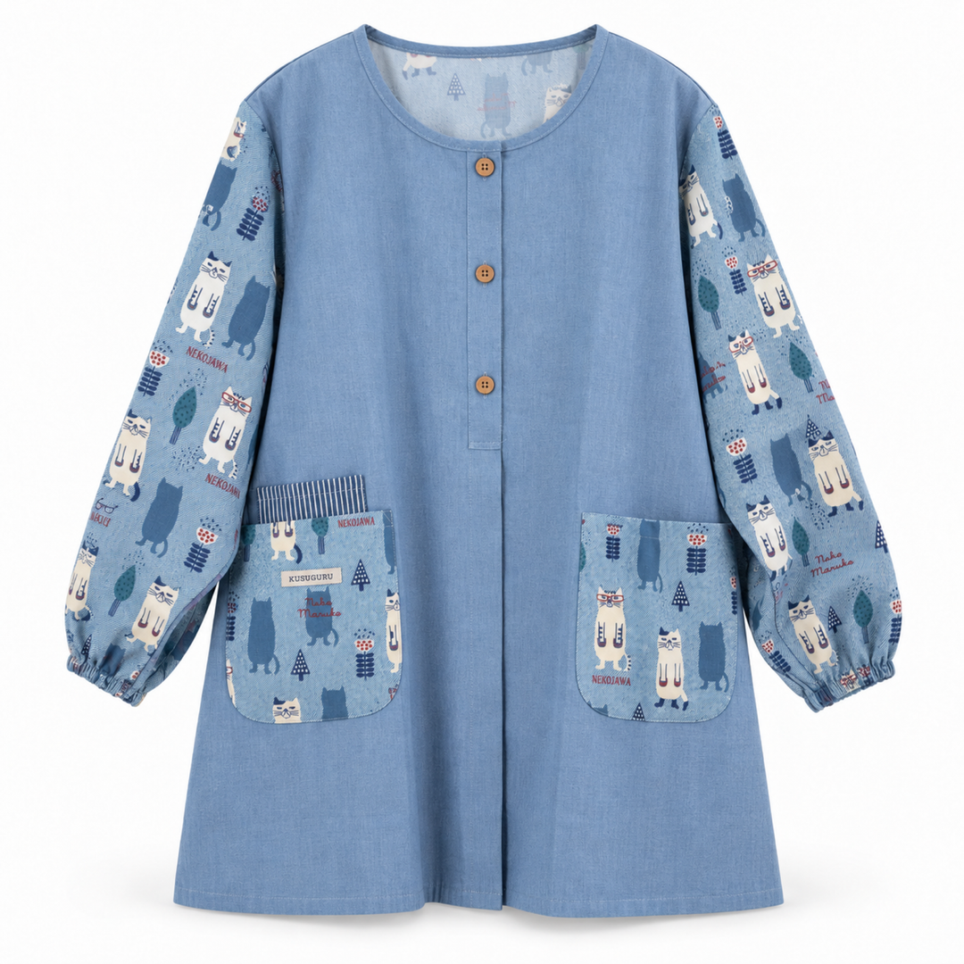 Kusuguru Japan Cat Long Sleeve Cotton Apron Smock-Blue main image
