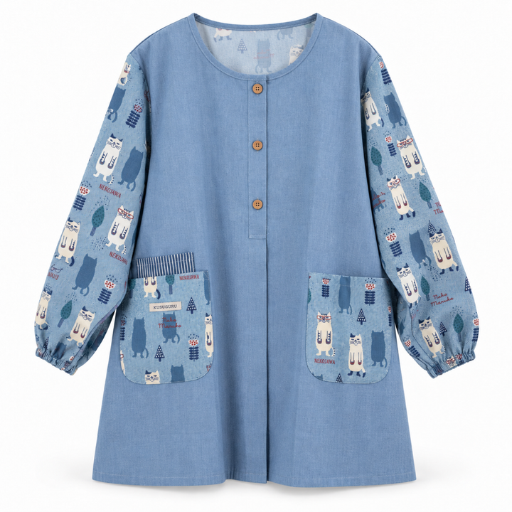 Kusuguru Japan Cat Long Sleeve Cotton Apron Smock-Blue main image