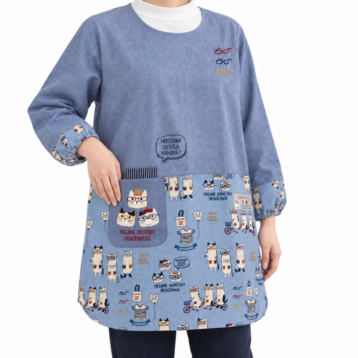 Kusuguru Japan Cat Print Long Sleeve Smock Apron-blue image 3