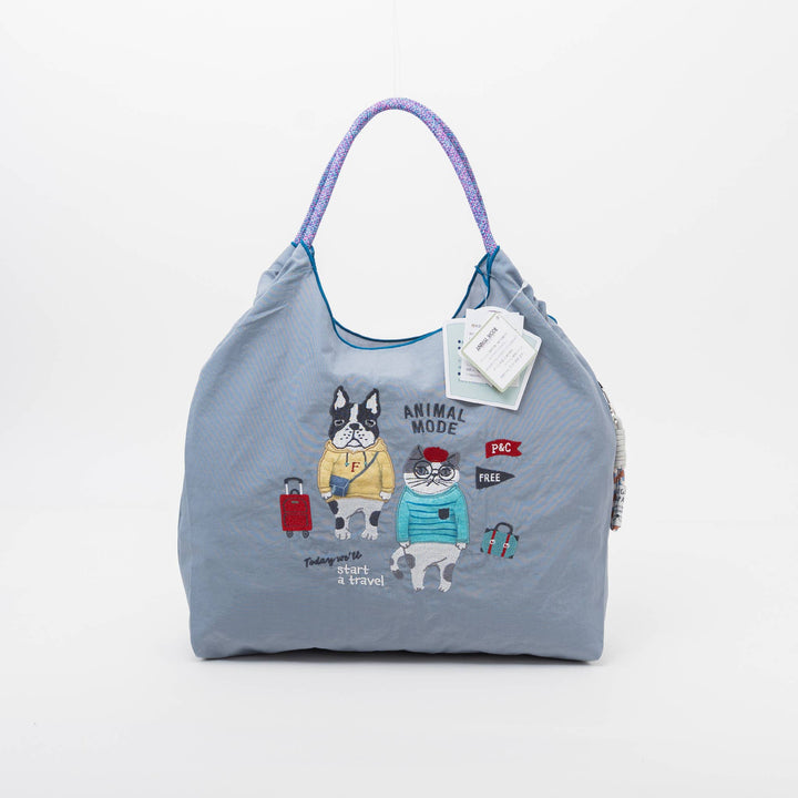 Kusuguru Embroidered Cat Nylon Shoulder Tote bag -Dusty Blue