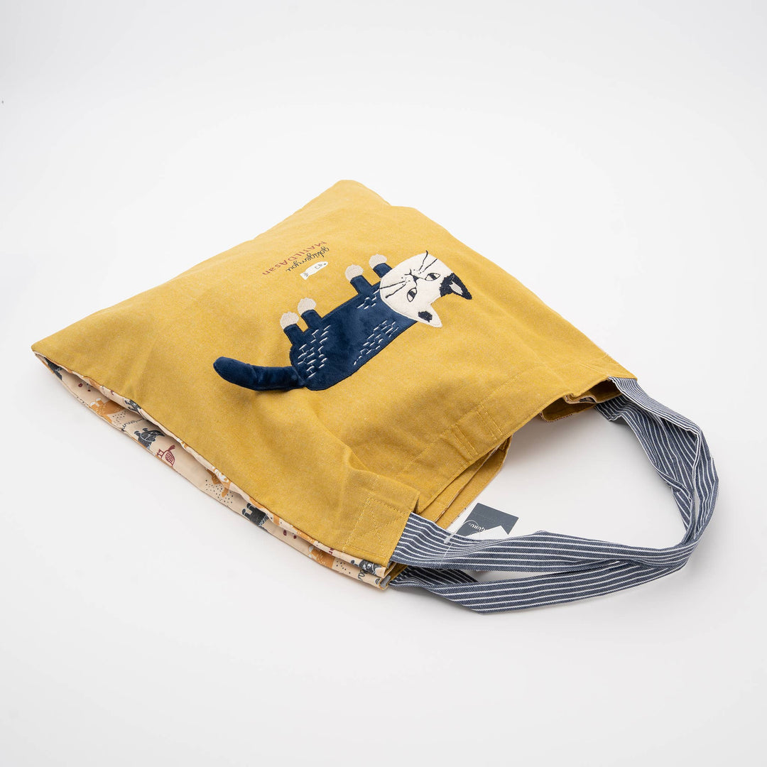 Kusuguru Japan Cats Embroidered Large Tote Bag -Yellow