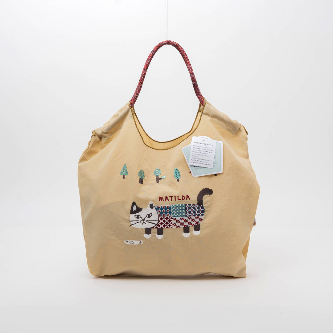 Kusuguru Japan Embroidered Cat Nylon Shoulder Tote Bag – Butter Yellow