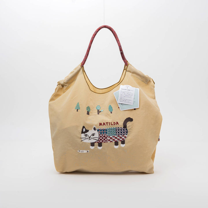 Kusuguru Japan Embroidered Cat Nylon Shoulder Tote Bag – Butter Yellow