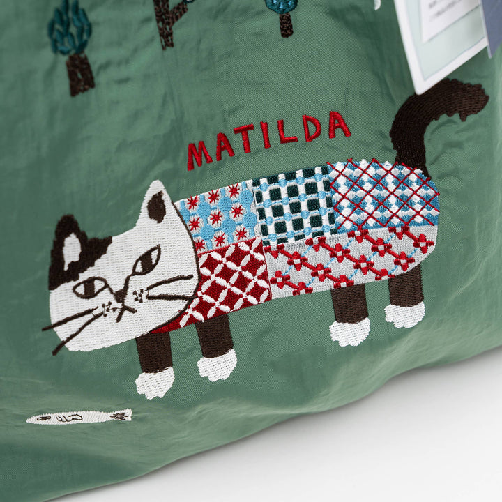 Kusuguru Embroidered Cat Nylon Shoulder Tote bag - Green