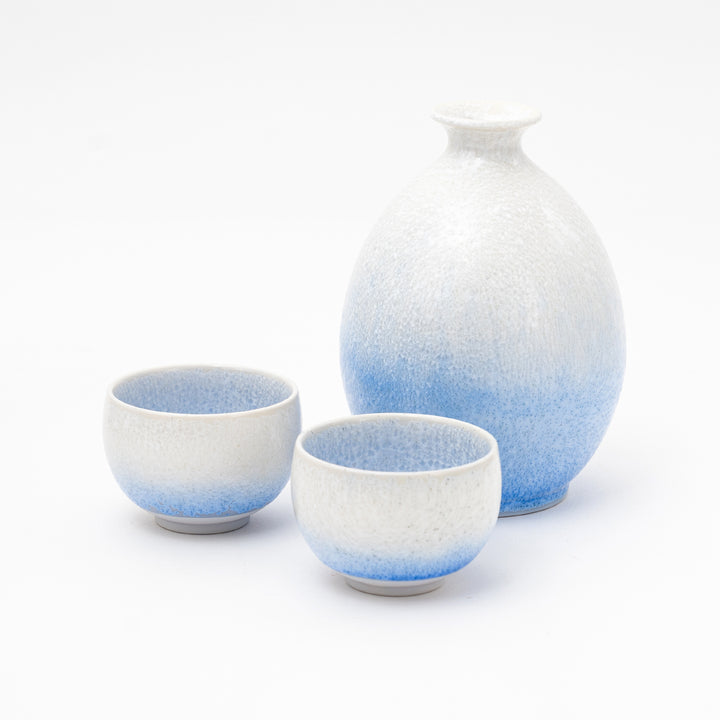 Arita ware Blue Mist sake set with tokkuri and two guinomi cups