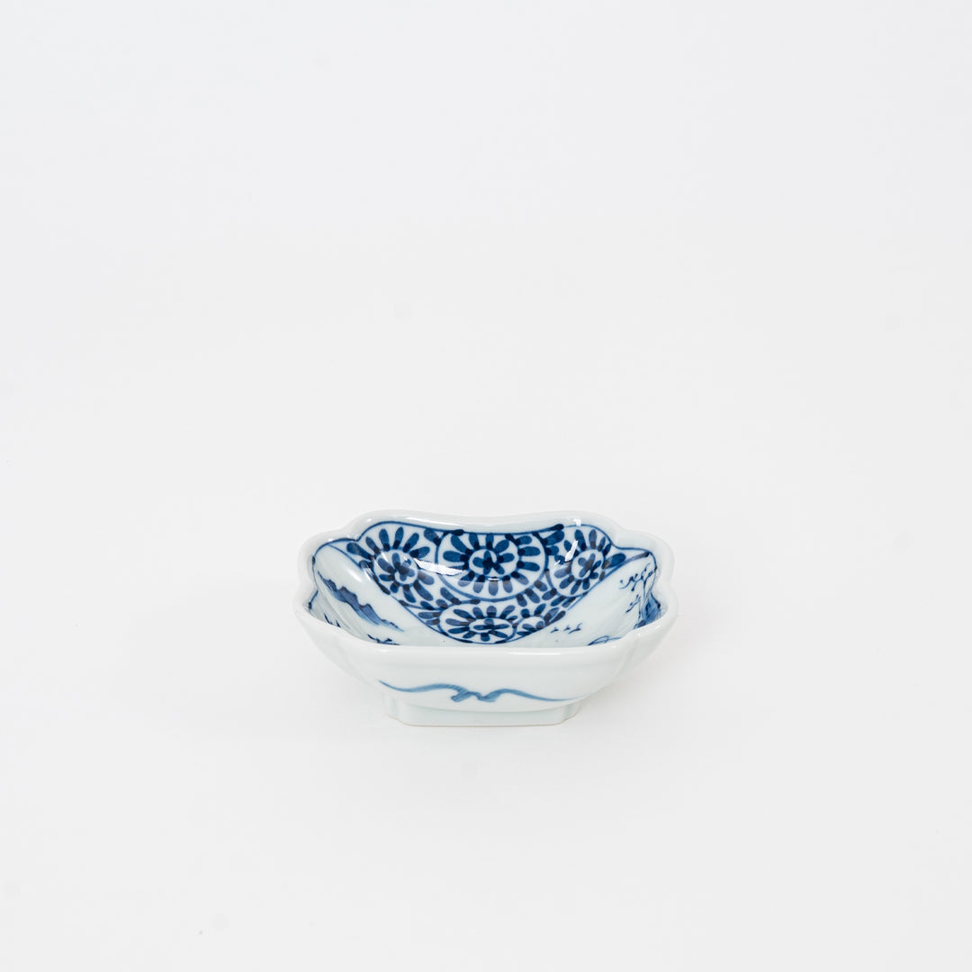 Blue and white Hasami porcelain sauce dish with Octopus Arabesque pattern; available for New York local pickup and nationwide shipping.