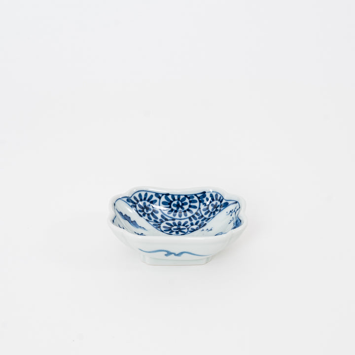 Blue and white Hasami porcelain sauce dish with Octopus Arabesque pattern; available for New York local pickup and nationwide shipping.