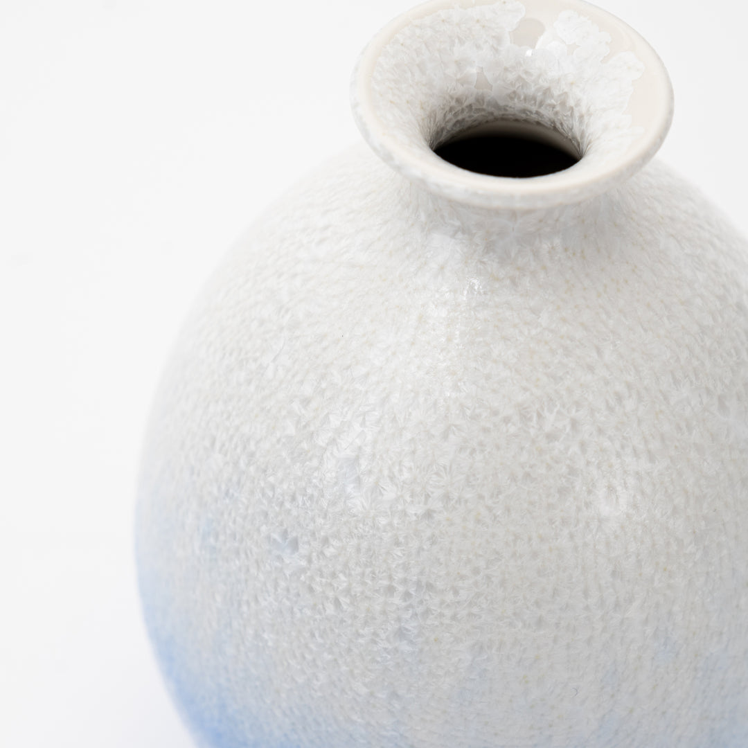 Close-up of Blue Mist glaze on Japanese porcelain sake cup