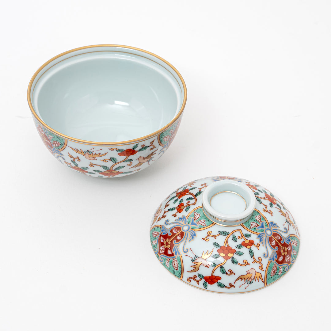 Arita Ware lidded bowl with lid removed, showing the ornate interior and exterior hand-painted patterns