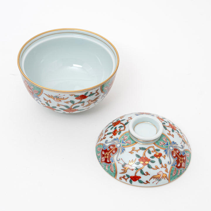 Arita Ware lidded bowl with lid removed, showing the ornate interior and exterior hand-painted patterns
