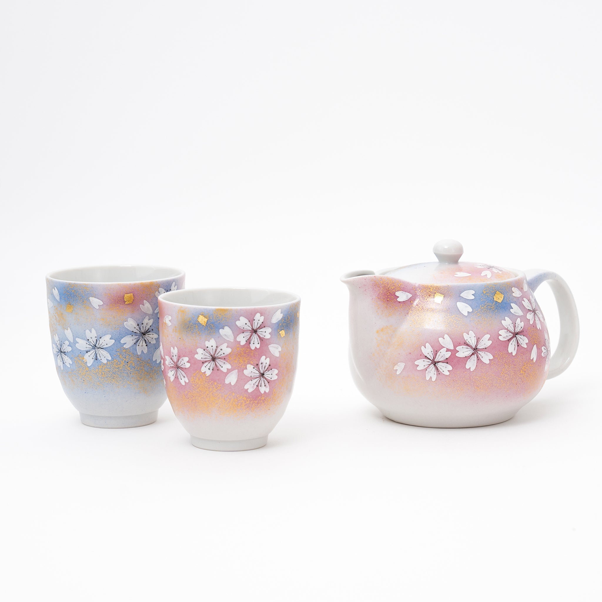 Japanese Kutani Ware Cherry Blossom Gold Leaf Teapot and 2 Tea