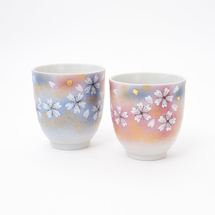 Japanese Kutani Yaki Cherry blossom Blue and PinkTea Cups