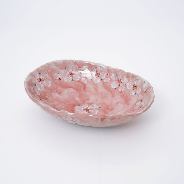 Handmade Pink Cherry Blossom Mino Ware Oval Serving Bowl