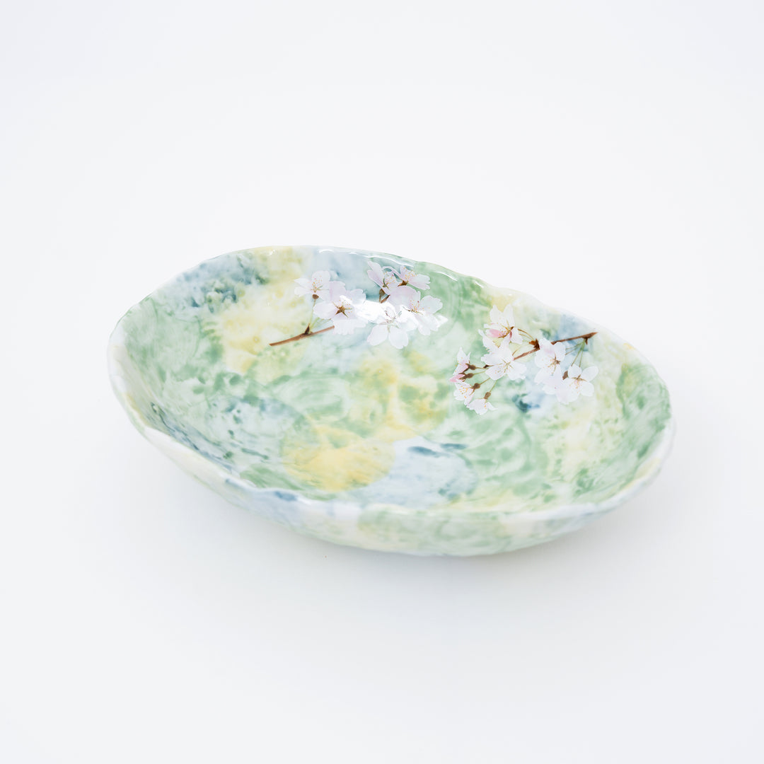 Handmade Green Cherry Blossom Mino Ware Oval Serving Bowl