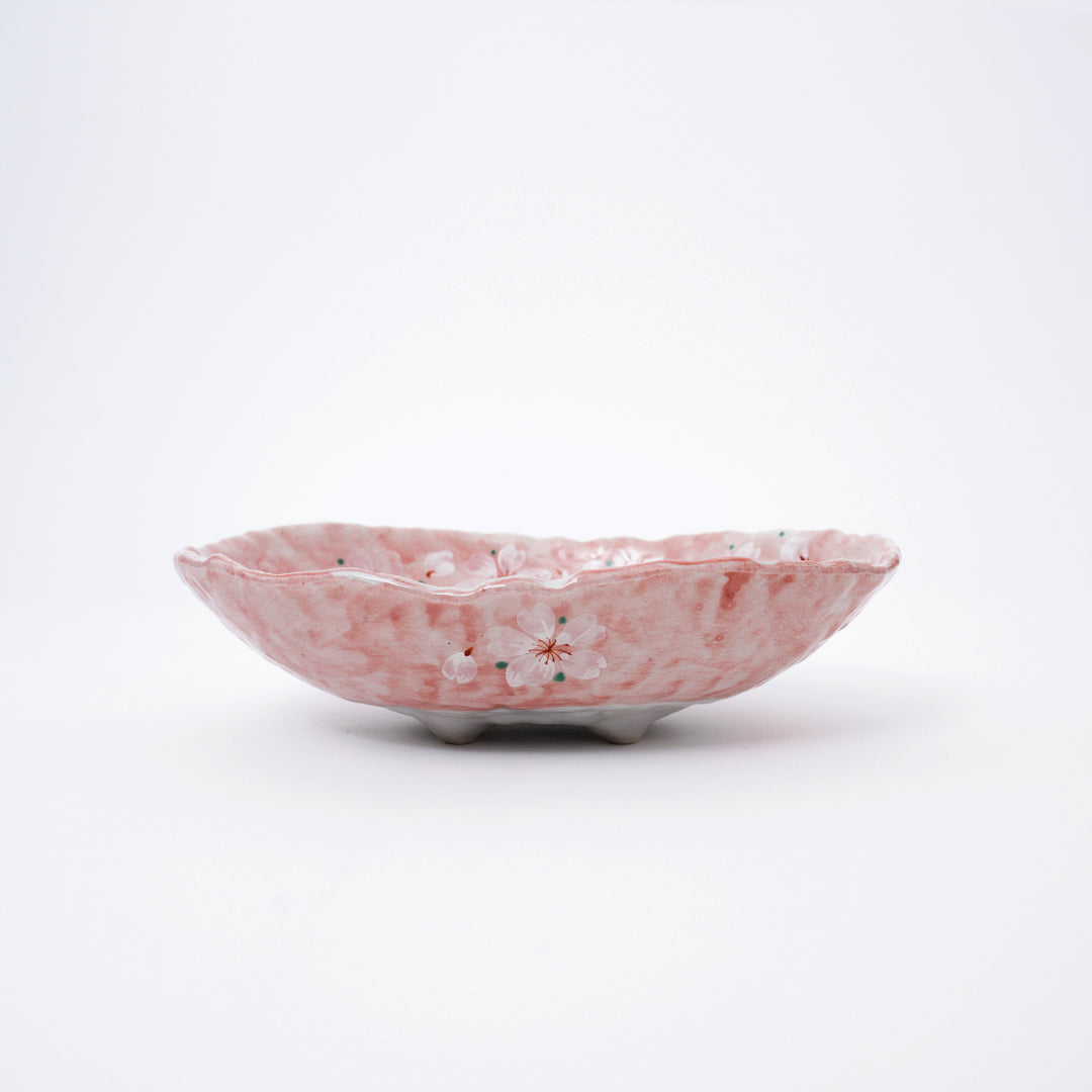 Handmade Pink Cherry Blossom Mino Ware Oval Serving Bowl