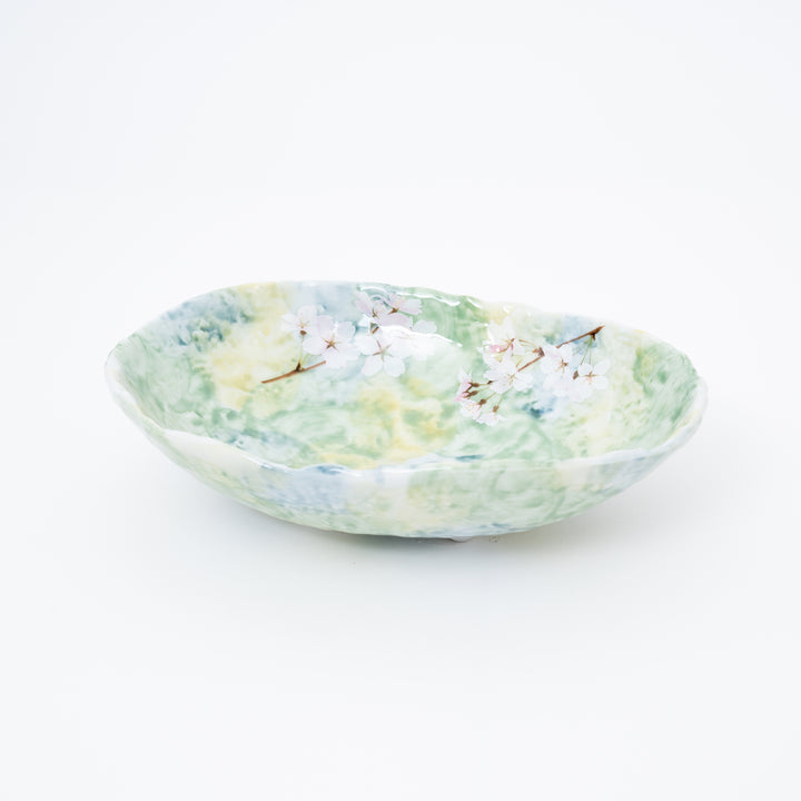 Handmade Green Cherry Blossom Mino Ware Oval Serving Bowl