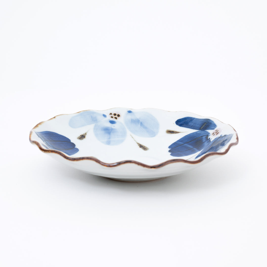 Hasami Hand-painted Indigo Floral Scallop Plate