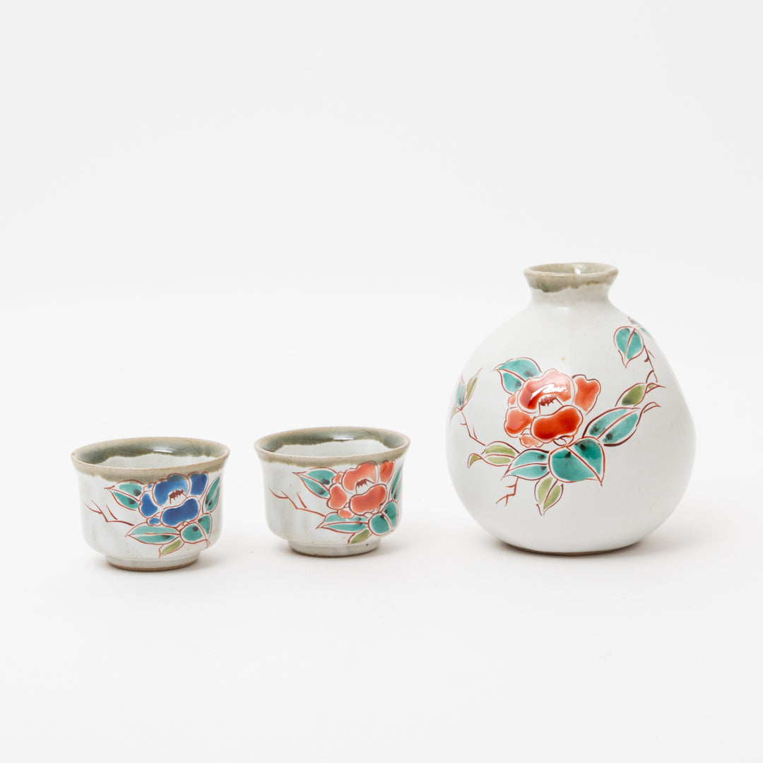 Kutani Ware Sake Set - Hand-Painted Tokkuri & Ochoko Cups