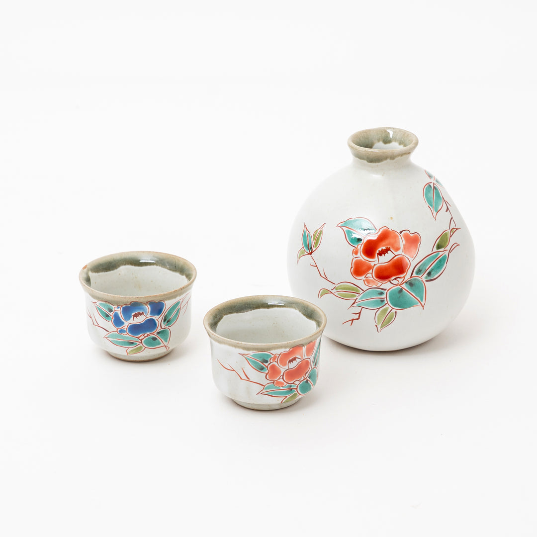 Kutani Ware Sake Set - Hand-Painted Tokkuri & Ochoko Cups