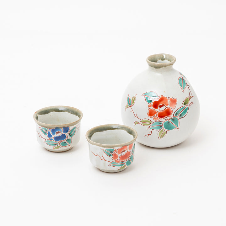 Kutani Ware Sake Set - Hand-Painted Tokkuri & Ochoko Cups