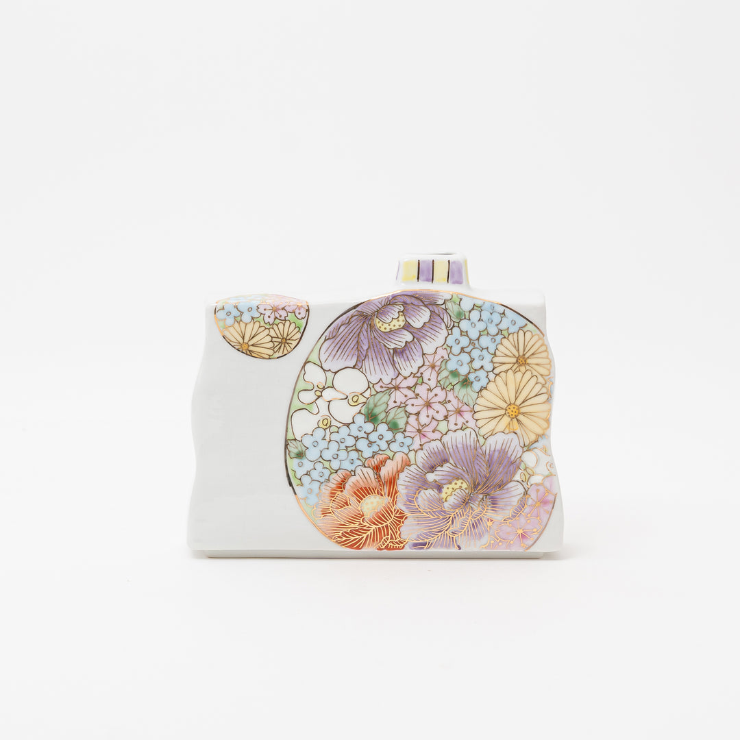Kutani Ware vase from Taishi Kiln, hand-painted with a multi-colored floral design and gold gilding.