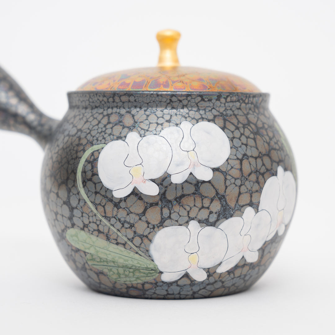 Tokoname Orchid Oil Drop Kyusu Teapot by Shoryu Kiln
