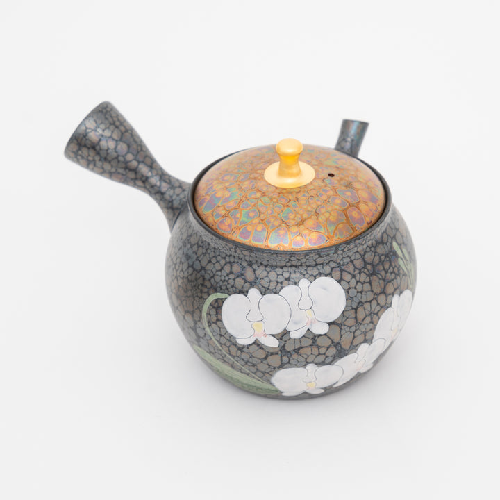 Tokoname Orchid Oil Drop Kyusu Teapot by Shoryu Kiln