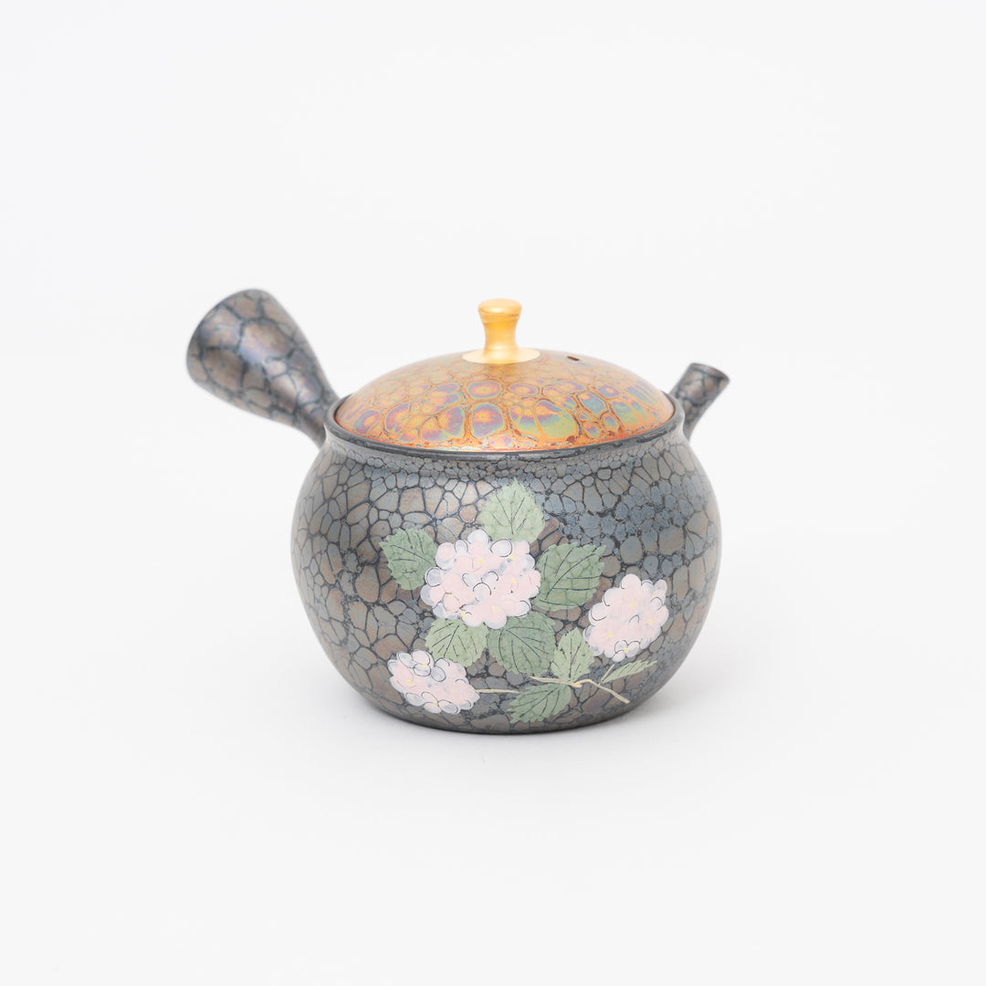 Tokoname Kyusu Pink Hydrangea Oil Drop  Teapot by Shoryu Kiln
