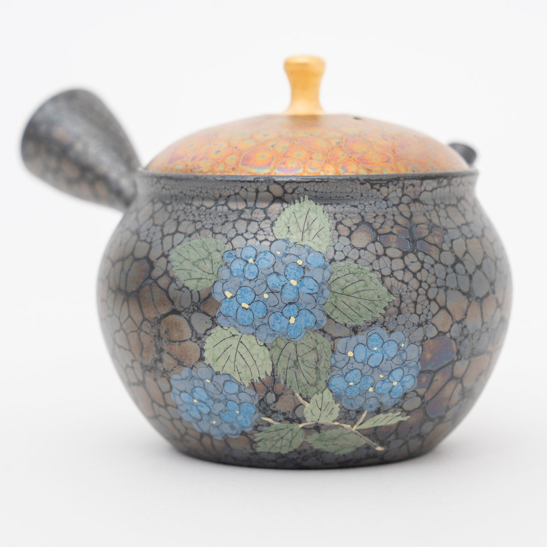 Tokoname Blue Hydrangea Oil Drop Kyusu Teapot by Shoryu Kiln